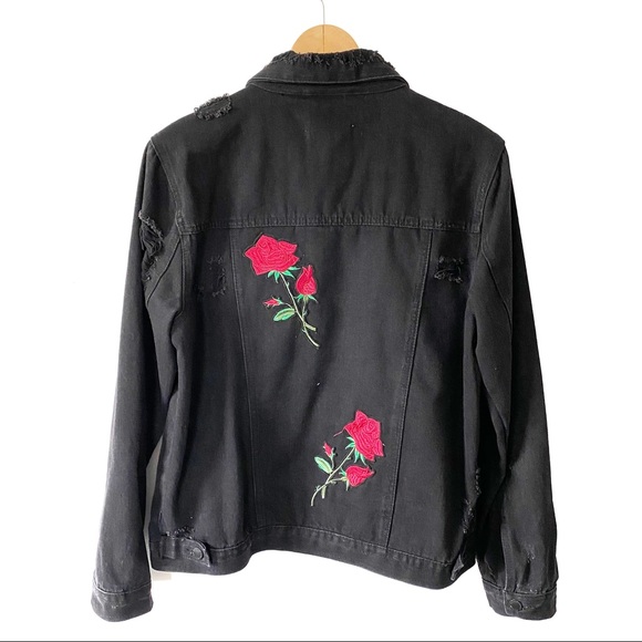 Ci Sono Distressed Black Denim Rose Patch Jacket - Picture 4 of 4